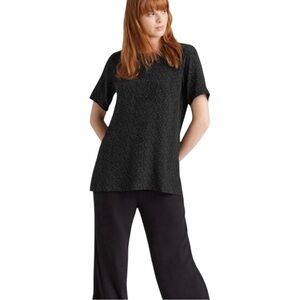 Eileen Fisher Black Morse Code Tencel Short Sleeve Flowy Boxy Blouse Size 10